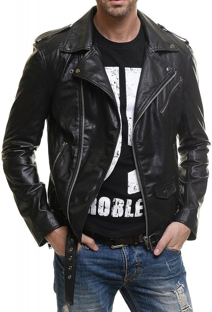 New Mens Leather Jacket Slim fit Biker Motorcycle Genuine Cow